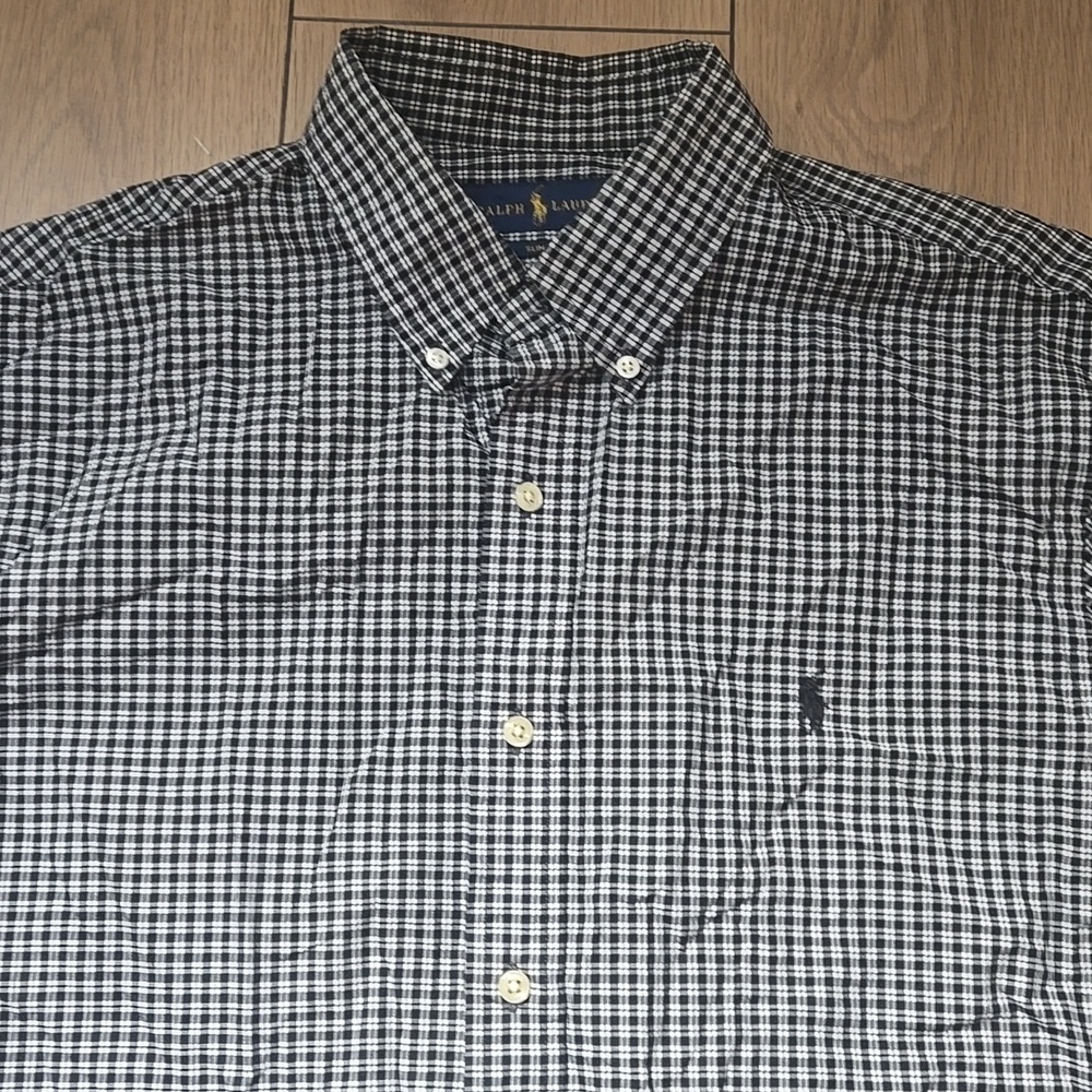 RALPH LAUREN Slim Fit Small Check Print Shirt In Black And White Size L